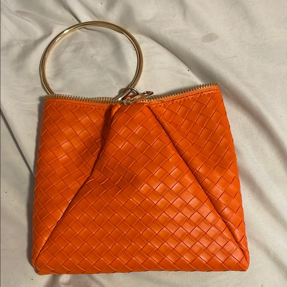 Luxury Orange Woven Handbag with Gold Handle